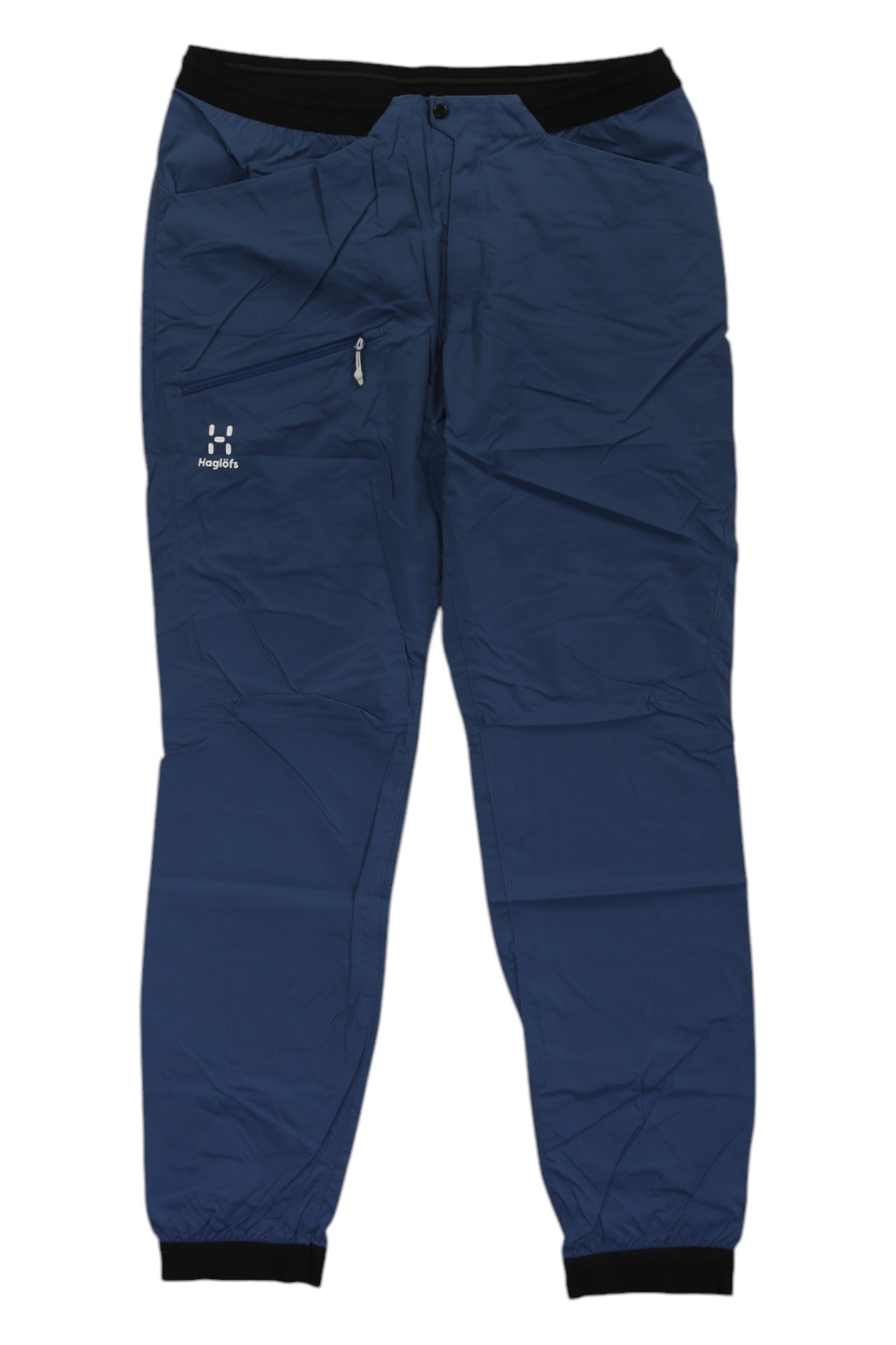 A pair of blue Haglofs Womens L.I.M Fuse Pant hiking pants with black waistband and ankle cuffs, a right zip pocket, and the Haglöfs logo by the pocket, shown flat on a white background.