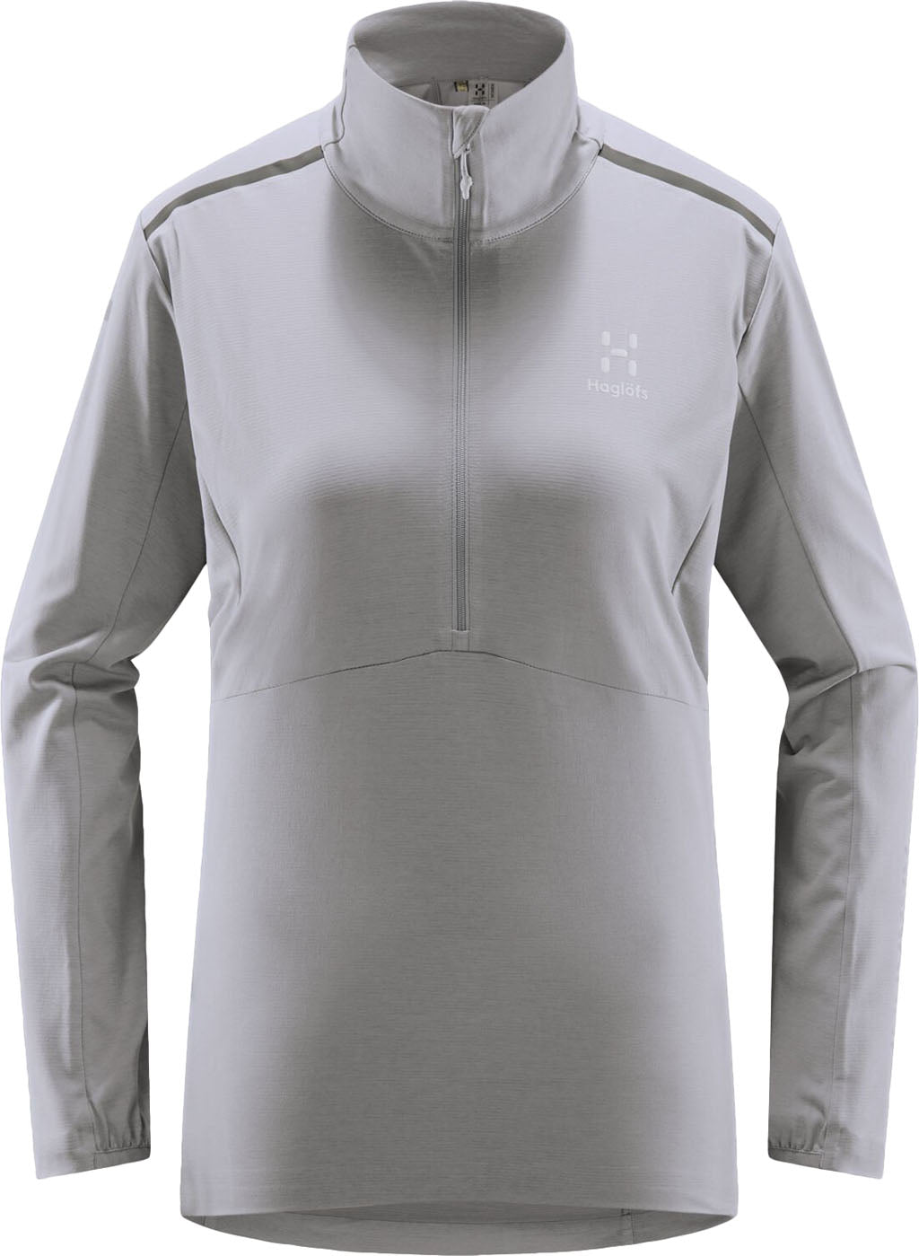 The Haglofs Womens L.I.M Strive Mid Top is a light gray long-sleeve pullover in lightweight recycled polyester with a half-zip, stand-up collar, subtle seams, and the Haglöfs logo on the chest—an ideal sporty hiking layer for women.