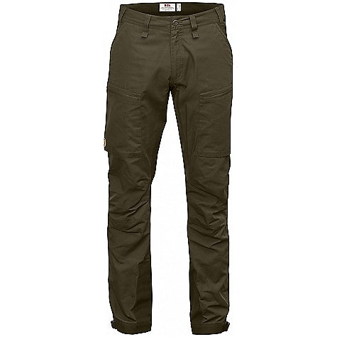 Olive green trekking trousers with belt loops, zip fly, cargo pockets