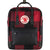 The Fjallraven Kanken Re-Wool Pack features a red and black checkered design, black straps, a front zip pocket, and a round white logo patch with a red fox and text on the front.
