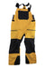 A pair of Jones Men's MTN Surf Recycled Bib Pants in yellow and black with shoulder straps, a chest pocket, side zippers, and reinforced knees and ankles. Made from recycled polyester and fully waterproof.
