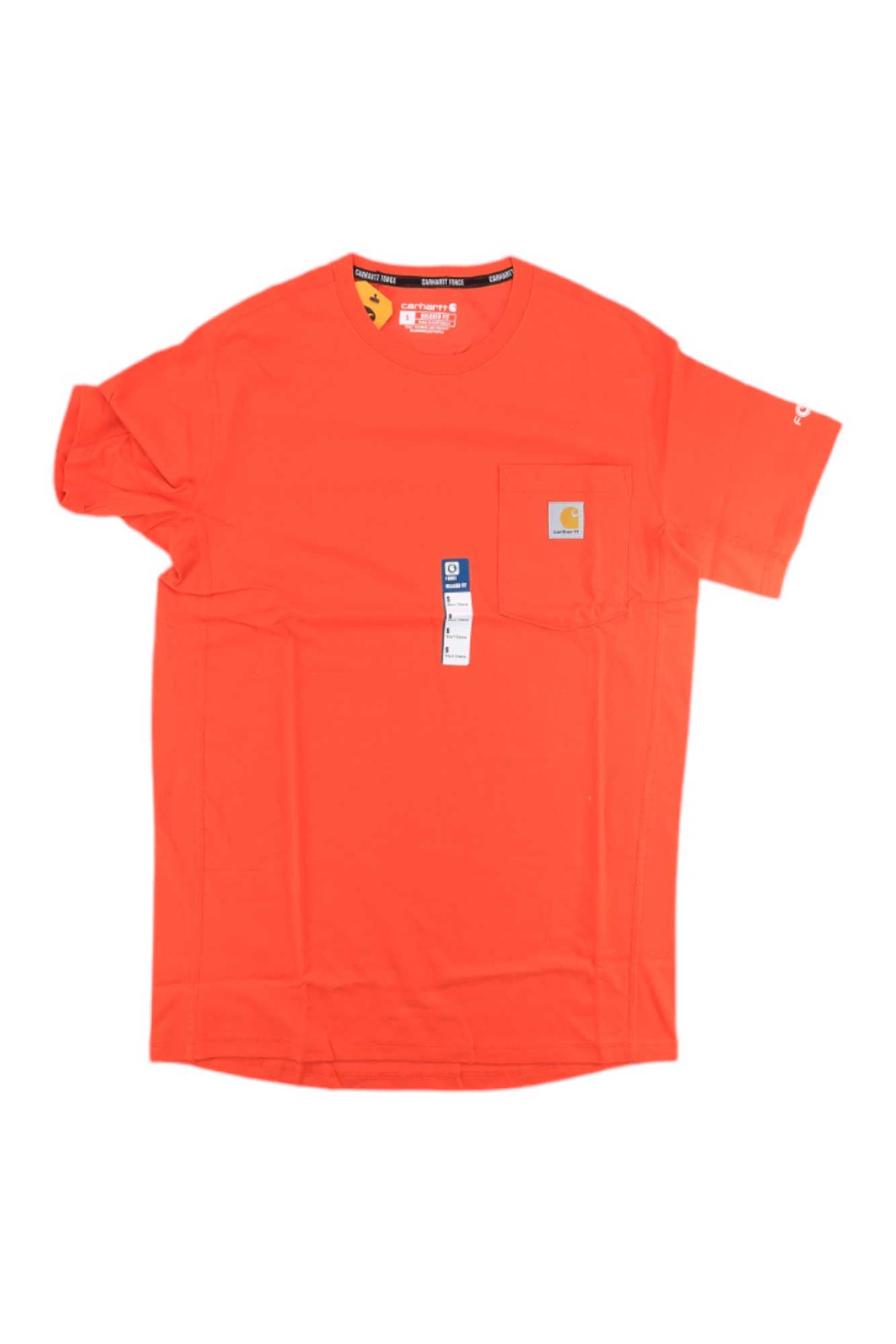 Orange-red short-sleeve pocket t-shirt with crew neck and chest logo patch