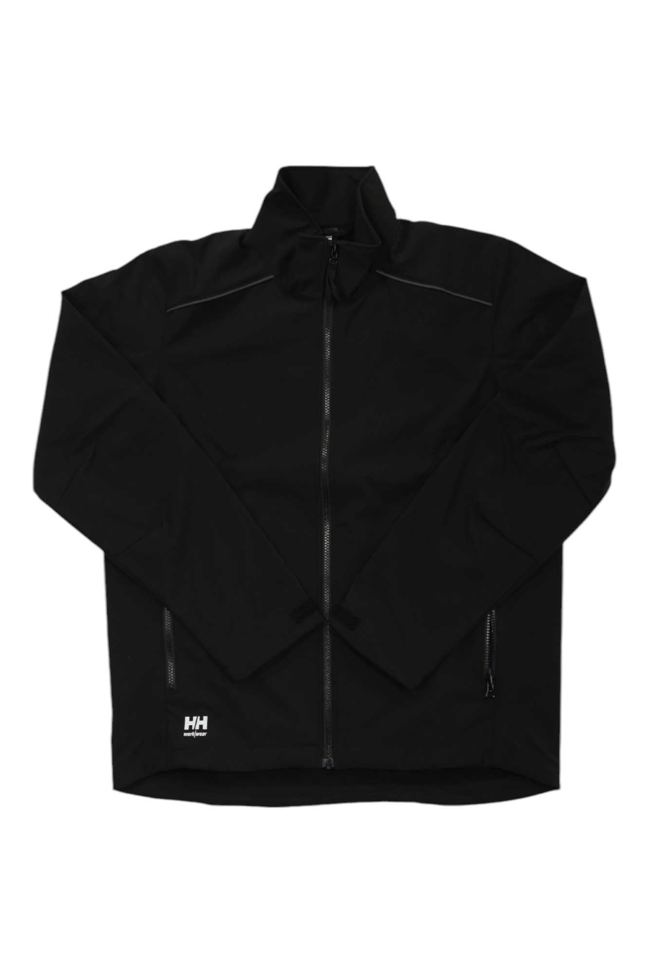 The Helly Hansen Mens Manchester 2.0 Softshell Jacket is black with a high collar, subtle seams, and the logo on the lower left. This water-repellent jacket has a minimalist design, making it ideal for hiking or everyday use.