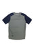 The Flylow Mens Garrett Shirt is a short-sleeve performance top with a gray body and dark navy sleeves and shoulder panels, shown against a plain white background.