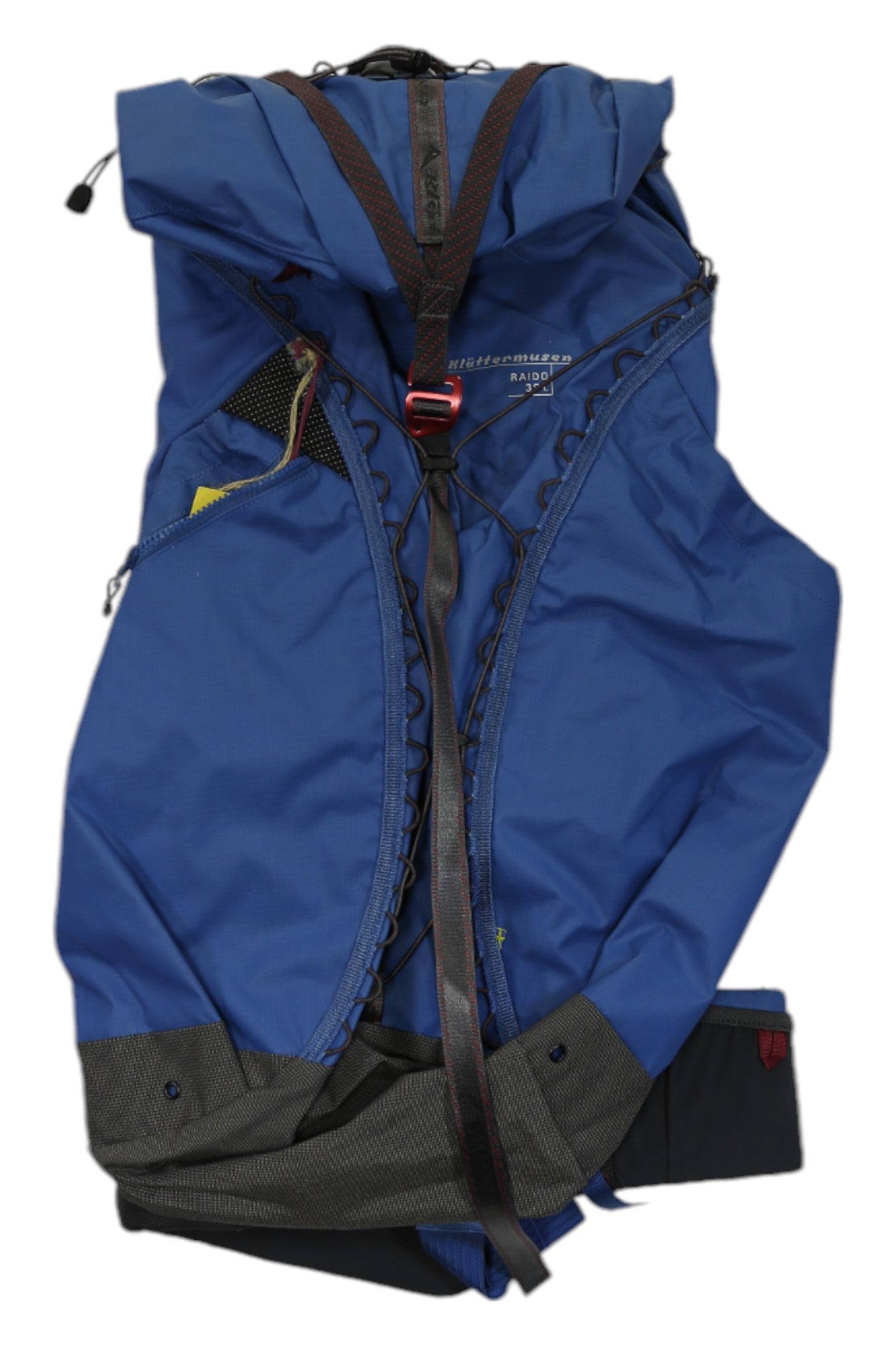 Lightweight 38L trekking backpack in blue and dark gray, front zip and harness straps.