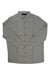 The Klattermusen Mens Helheim LS Shirt is a long-sleeve, light gray plaid outdoor shirt with a collar, black buttons, a subtle checked pattern, and moisture-wicking fabric for comfort. Shown laid flat with sleeves crossed.
