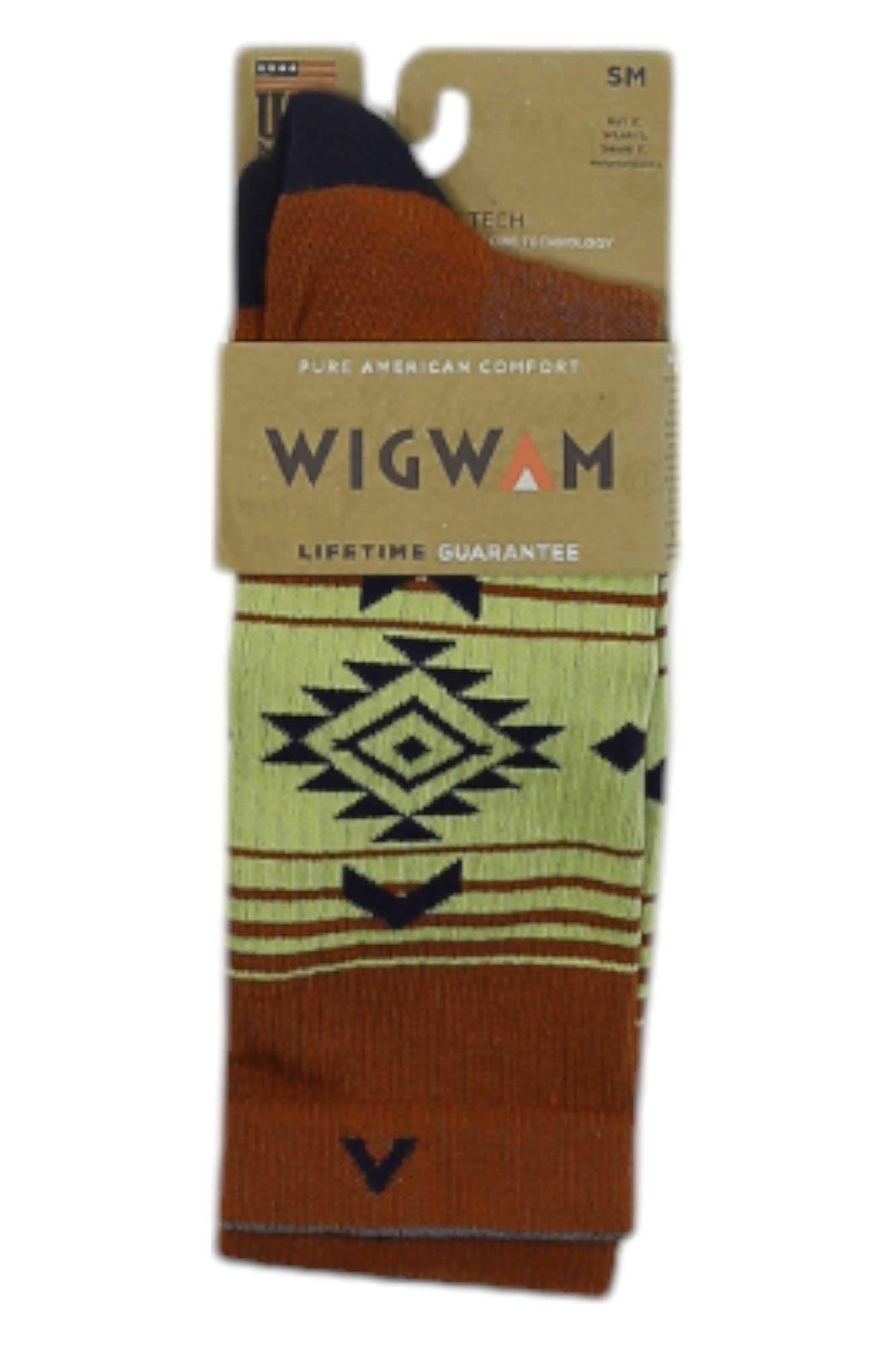 Route NXT sock in rust brown with green-yellow stripes and navy geometric motifs