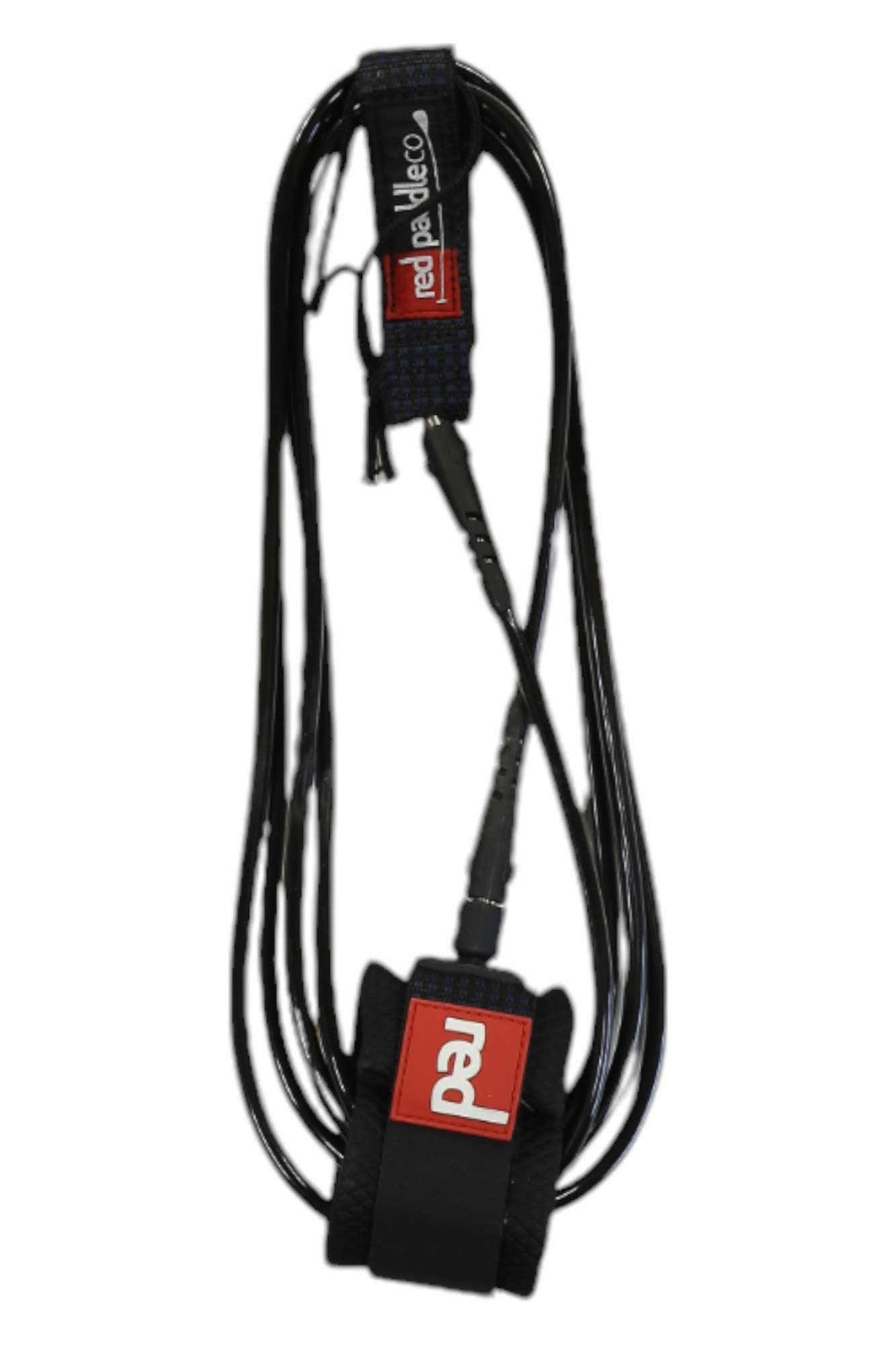 Black surf leash with red logo cuff and looped leash cord
