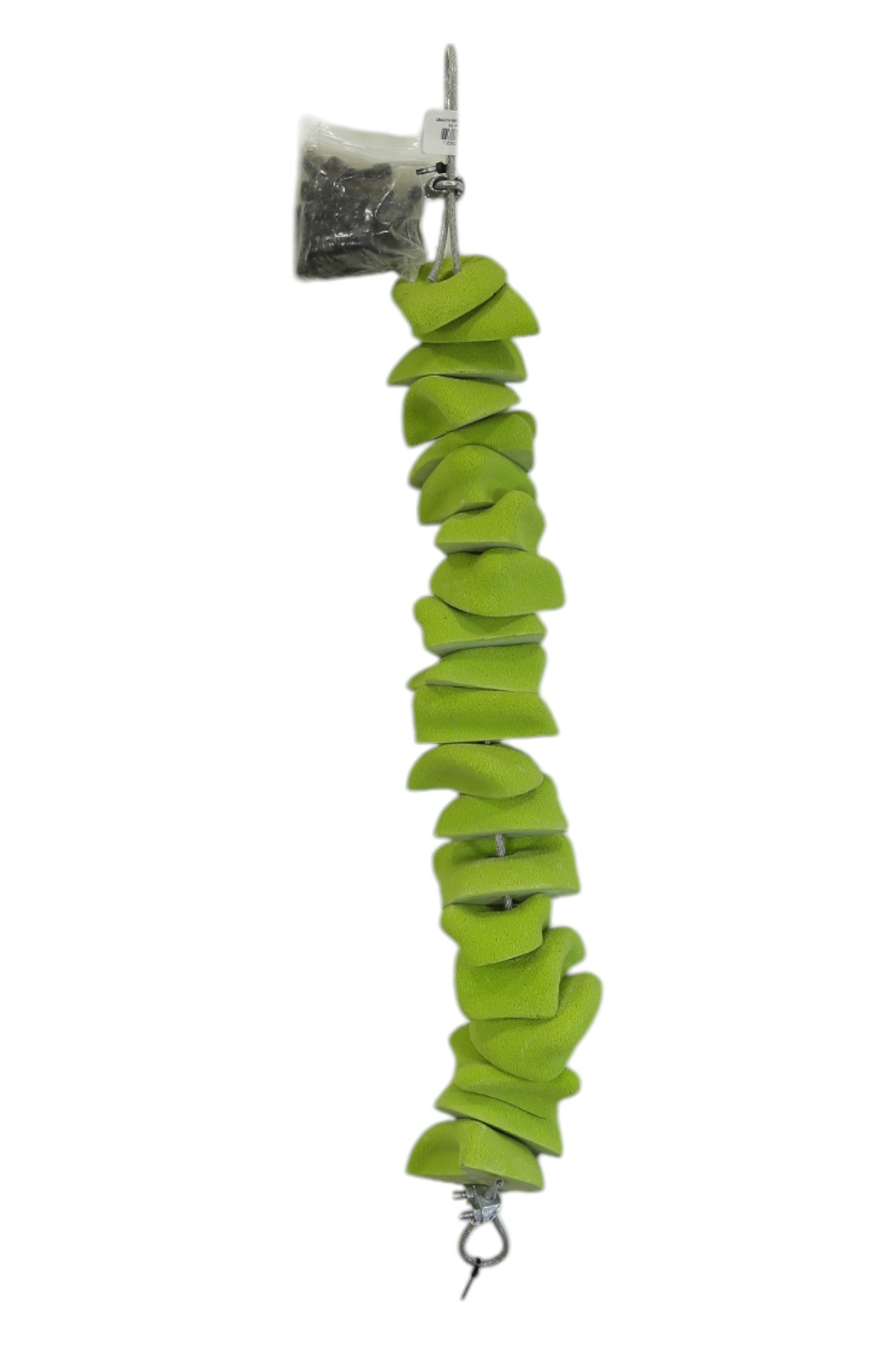 The So iLL Smooth Small 20 Hold Kit features bright green climbing holds that hang vertically against a white background, designed for grip strength training. A small bag of screws is included for easy home installation.