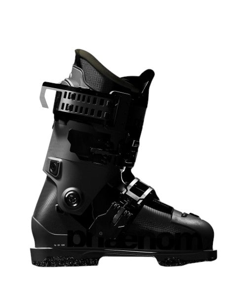 The Phaenom FS 01 100 Ski Boot by Phaenom is a black all-mountain freeski boot with multiple buckles and an adjustable ankle strap, engineered for optimal power transmission, shown in side profile against a white background.