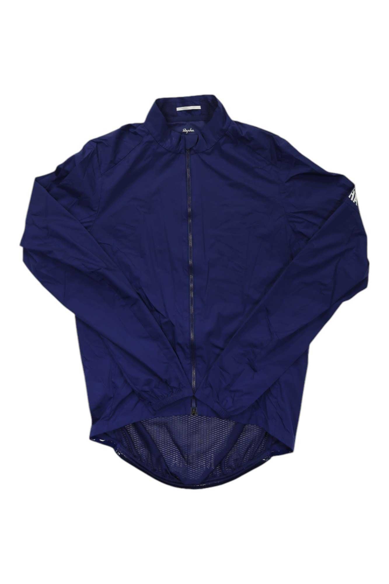 Lightweight wind jacket in navy with full zip front and stand collar, long sleeves.