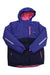 The Eddie Bauer Girls Powder Search 3-In-1 Jacket is shown flat on a white background; it's purple and navy with pink lining, pink zipper details, and reflective sleeve strips.