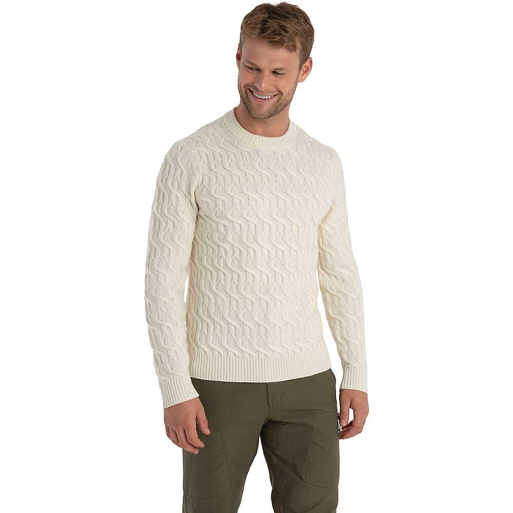 Men's merino cable knit crew sweater, undyed cream, classic cable knit design