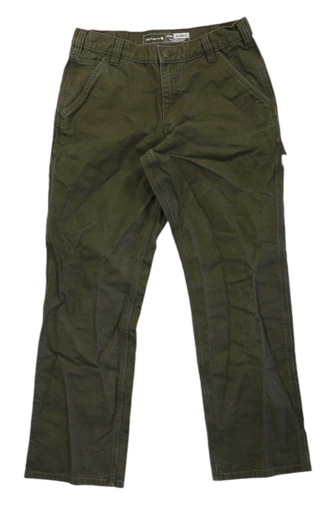 The Carhartt Men’s Rugged Flex Relaxed Fit Duck Dungaree in olive green features front pockets, belt loops, and a button closure, shown laid flat on a white background.