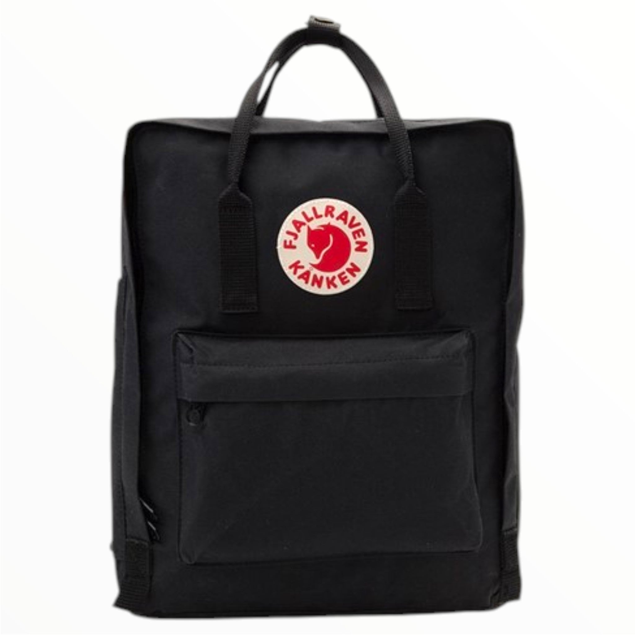 Black Kanken backpack with front flap pocket, zip, and top carry handle strap