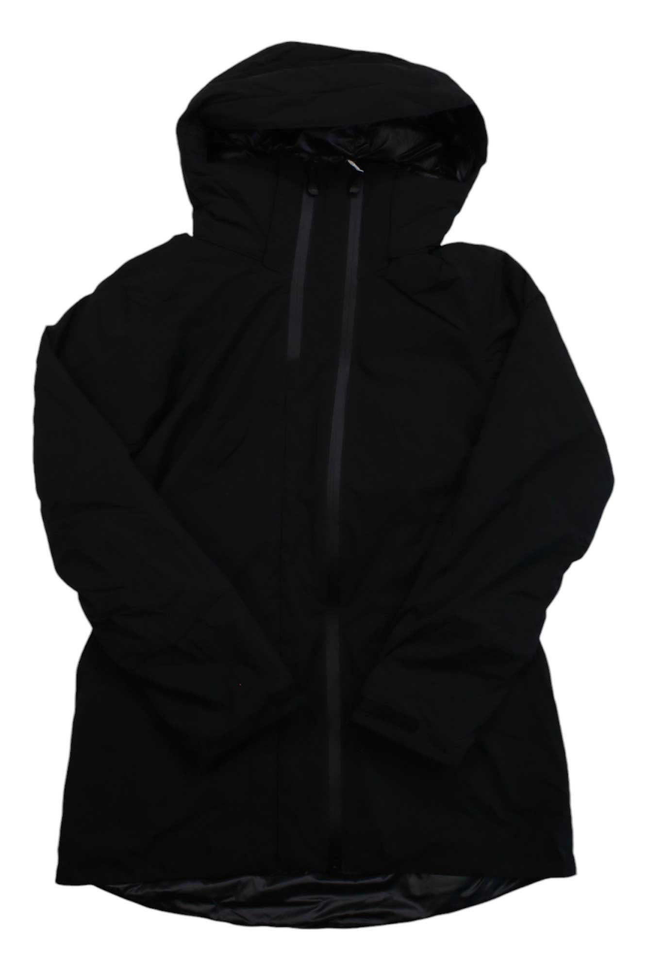 The Helly Hansen Women’s Nora Long Insulated Jacket is a black, hooded long-sleeve ski jacket with a front zipper, shown laid flat on a white background.