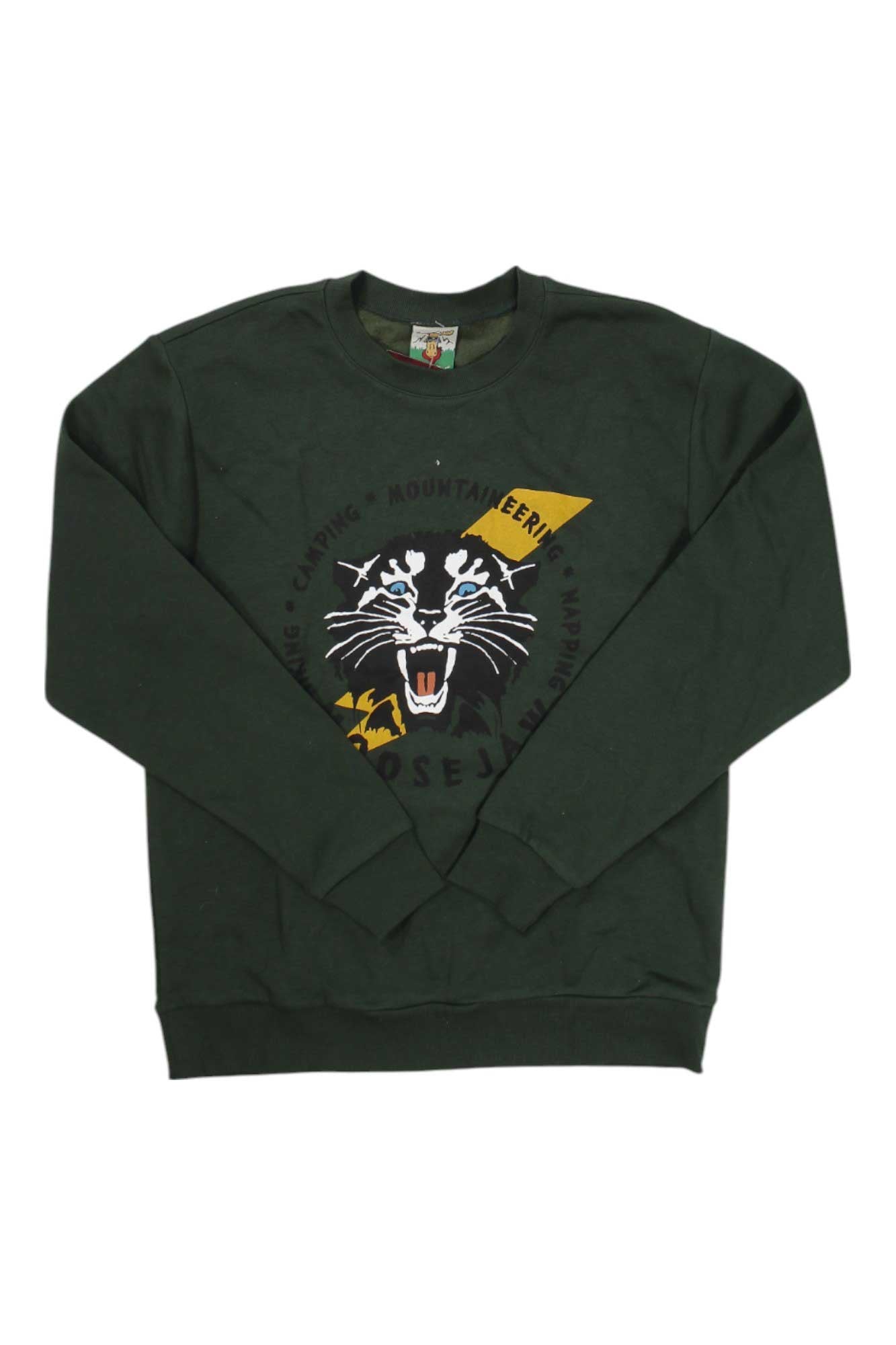 The Moosejaw Unisex Dutch Baby Crew Neck Sweatshirt is a dark green top featuring a graphic black panther head with yellow accents, circular text, and "ROSEJL" at the bottom—ideal as a stylish unisex outdoor sweatshirt.