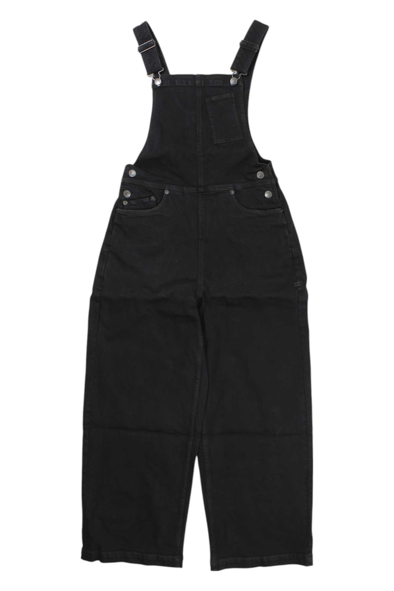 Black denim overall with adjustable shoulder straps, wide legs, and side pockets