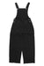 Black denim overall with adjustable shoulder straps, wide legs, and side pockets