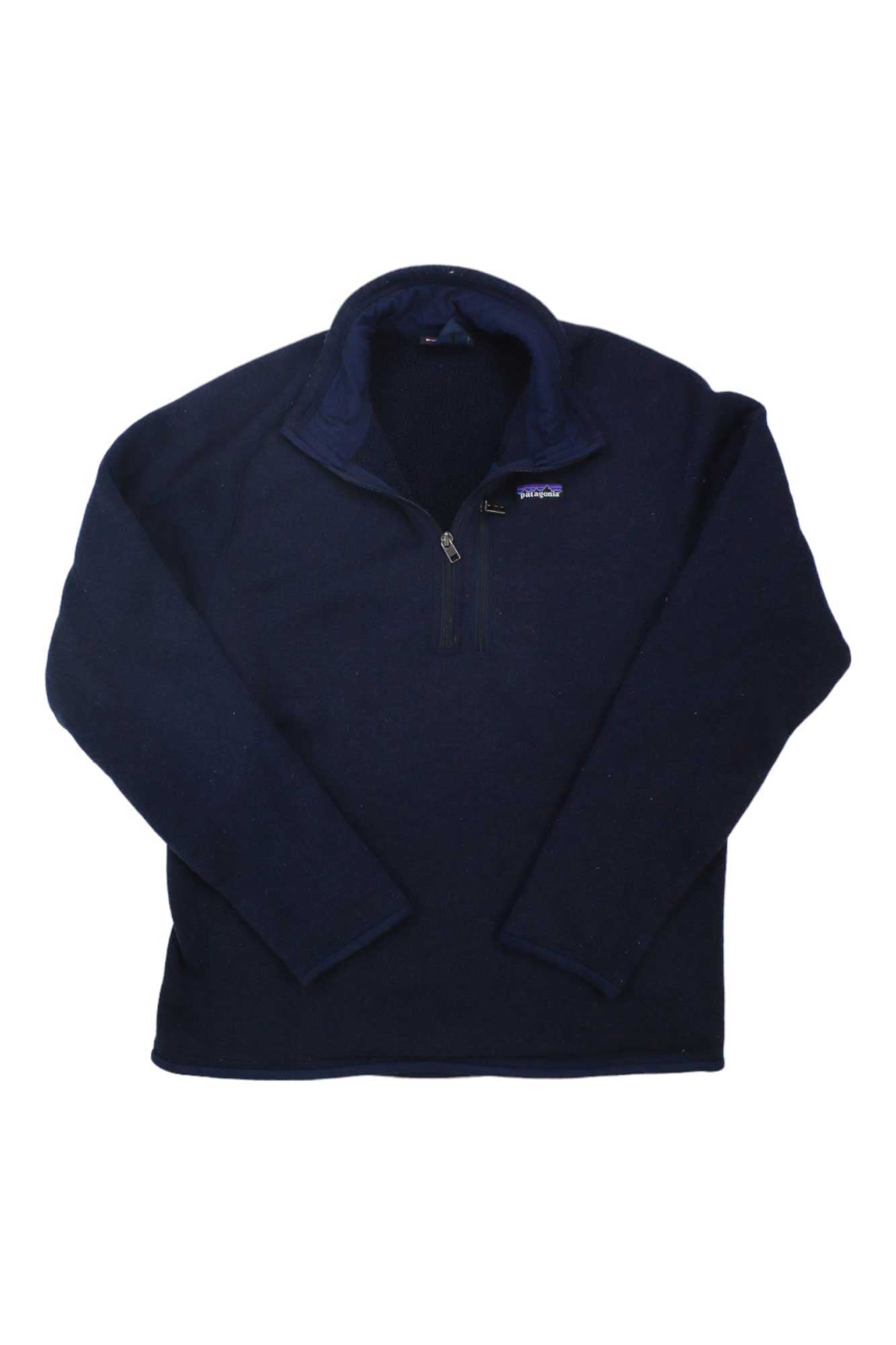 The Men's Better Sweater 1/4-Zip Pullover is crafted from recycled polyester fleece with a quarter-zip front, long sleeves, a standing collar, and a left-chest logo patch—ideal for everyday comfort.