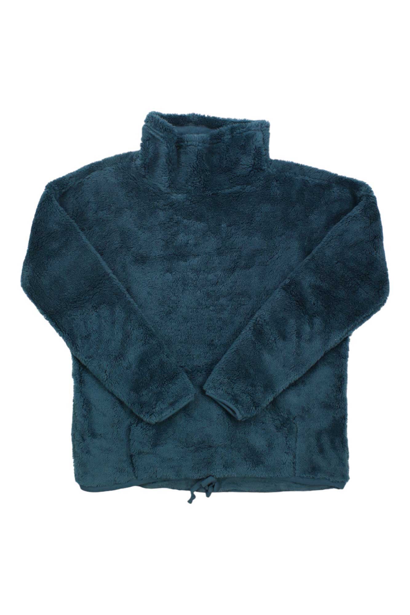 The Carve Designs Womens Roley Cowl Sweater is a dark teal, long-sleeve polyester pullover with a fuzzy texture, cowl neck, two front pockets, and a drawstring hem for cozy style.