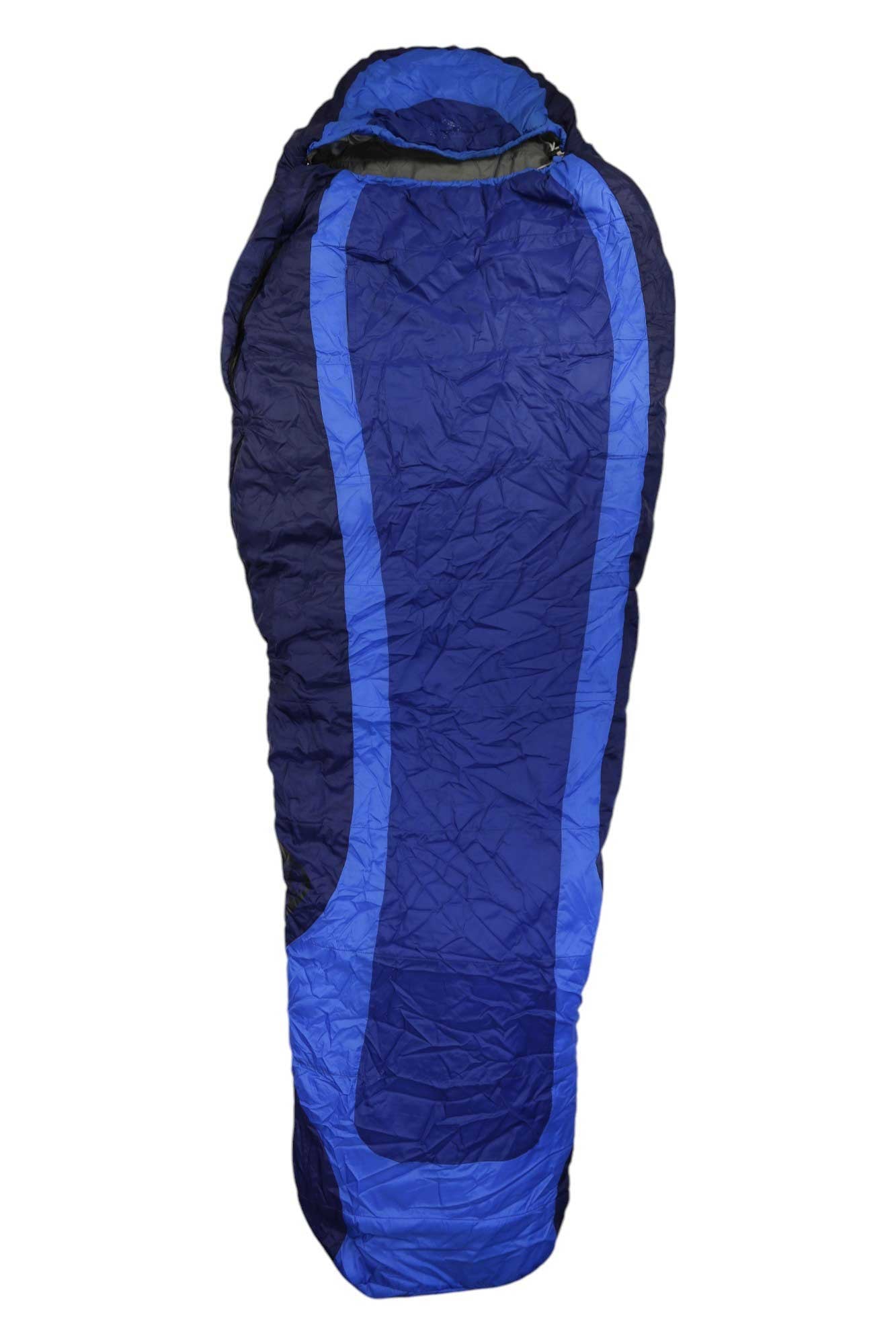 Aleutian 20 Degree sleeping bag, dark navy with blue panels, hooded top