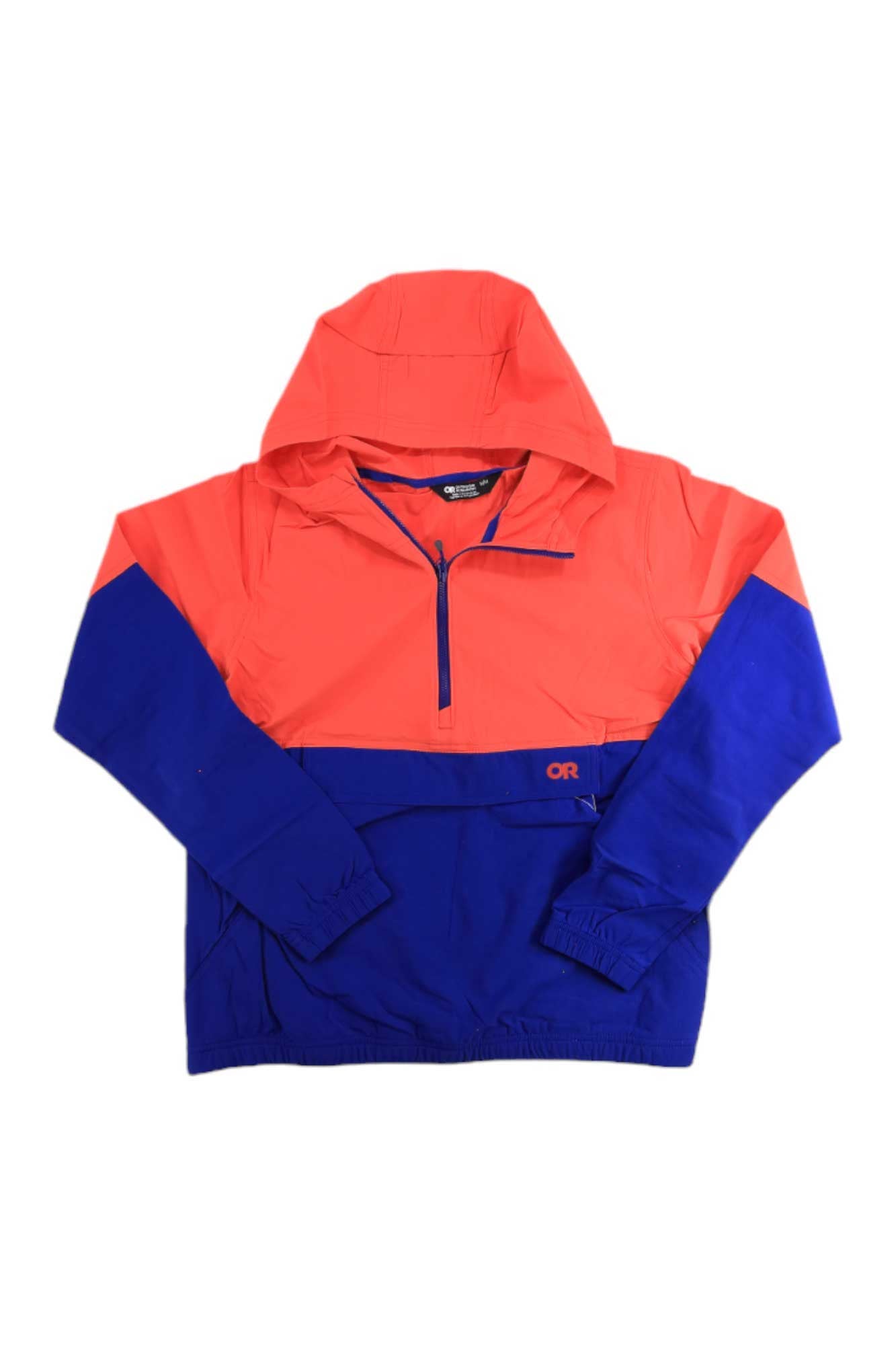 The Outdoor Research Women's Ferrosi Anorak is a color-blocked water-resistant nylon jacket featuring a bright red top, blue bottom and sleeves, half-zip front, hood, and OR logo on the left side.
