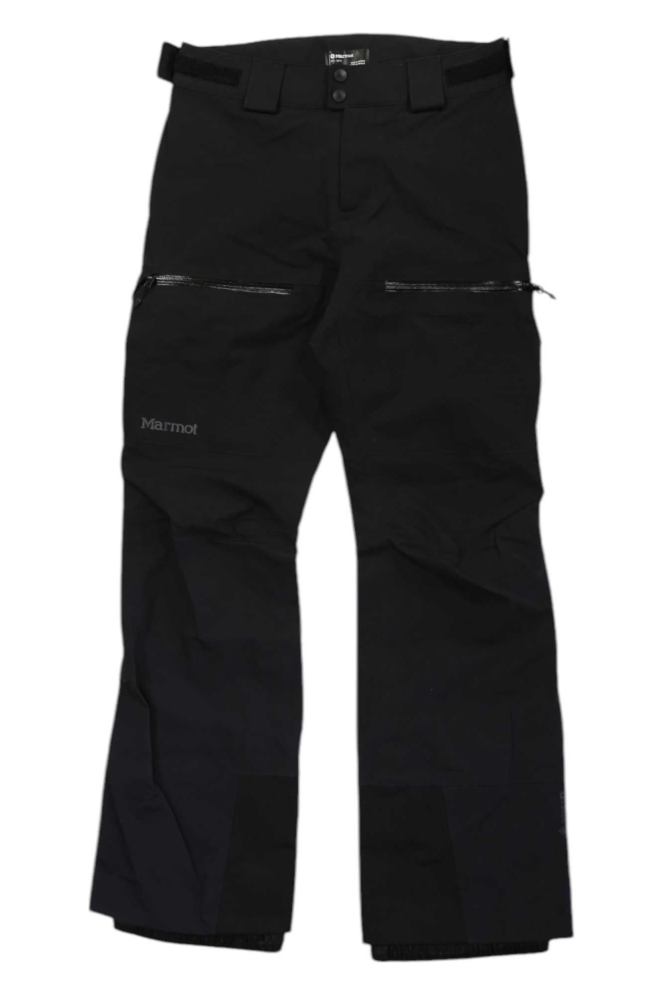 A pair of black women's Orion GORE-TEX pants with front zipper pockets, belt loops, and a button closure, made from waterproof breathable fabric, displayed flat on a white background.