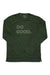 The Cotopaxi Men's Do Good LS Tee is a dark green long sleeve shirt made from organic cotton and recycled polyester, featuring "DO GOOD." in bold light gray letters across the chest and shown flat on a white background.