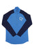The Norrona Mens Pureull Zip Neck Top is a moisture-wicking long-sleeve with a light blue body, dark blue sleeves and shoulders, and a white graphic logo on the left chest.
