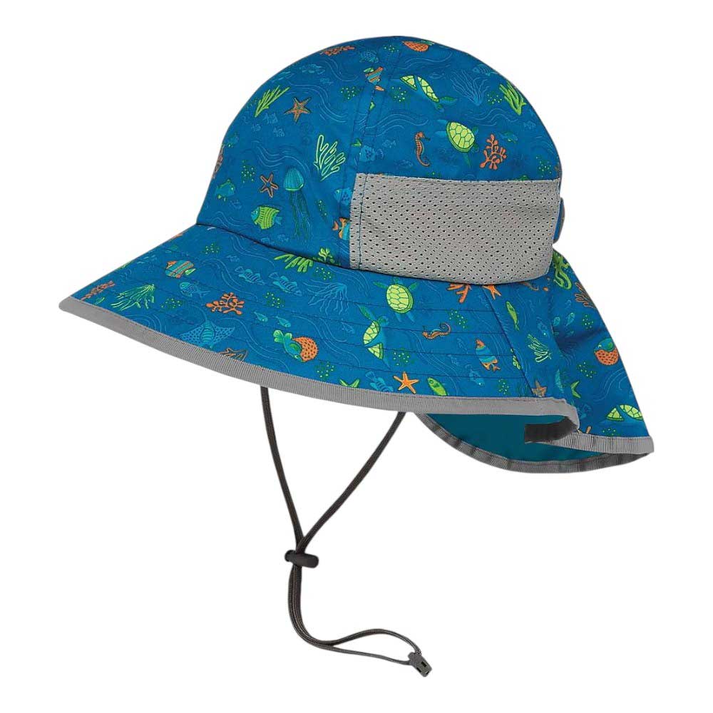 The Sunday Afternoons Kids Play Hat features a blue wide brim, sea creature print, gray mesh panel and trim, an adjustable chin strap, and offers UPF 50+ sun protection—perfect for safe outdoor play.