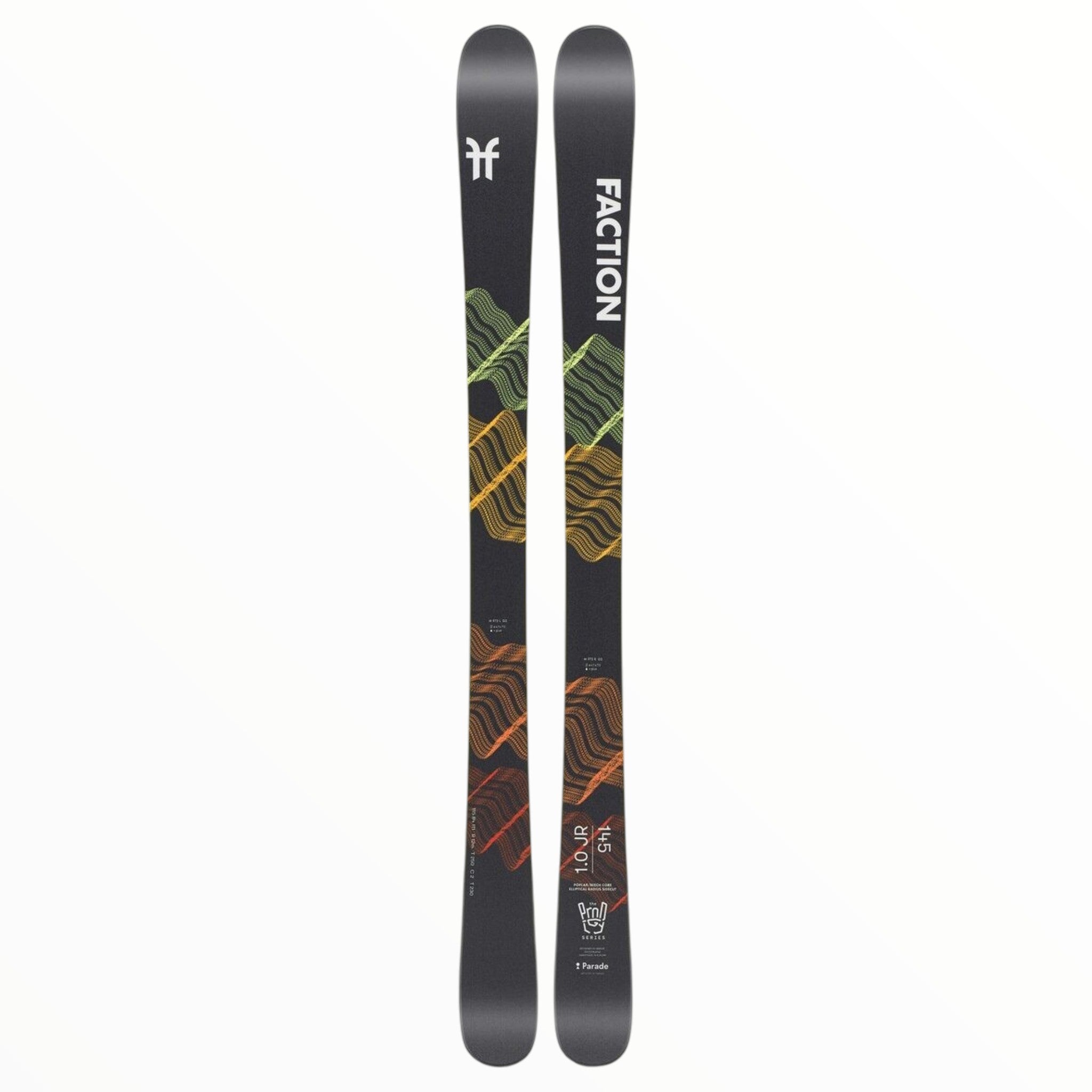 A pair of Faction Prodigy 1.0 JR Skis - 2022 with twin tips, a black base, wavy red, green, and yellow geometric patterns, and white Faction branding near the top.