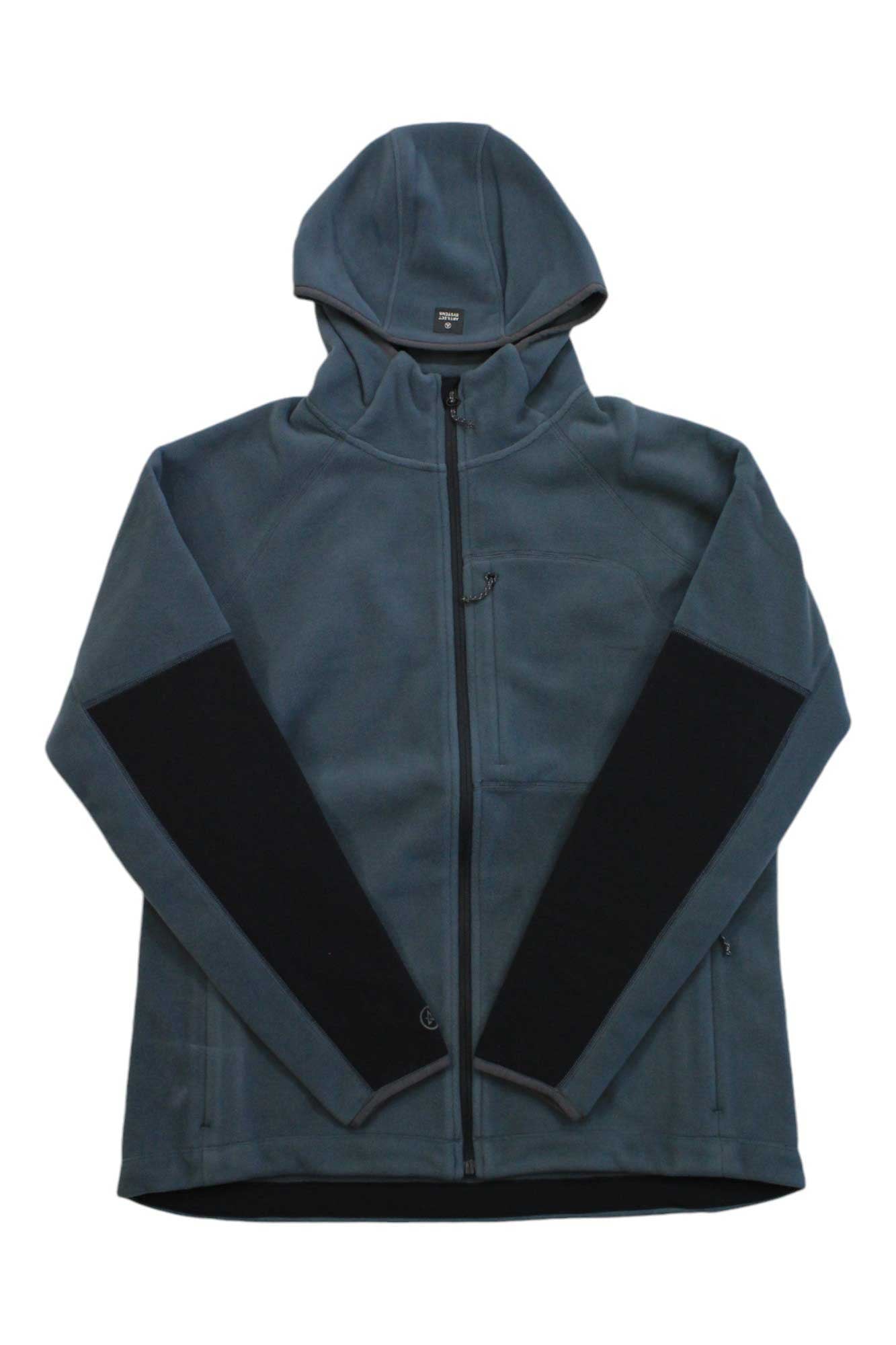 The Artilect Womens Supermoon Bio Hoodie is a blue insulated zip-up with black sleeves, made from recycled Primaloft Bio Fleece. It has a front zipper, two side pockets, and a relaxed fit, shown against a white background.