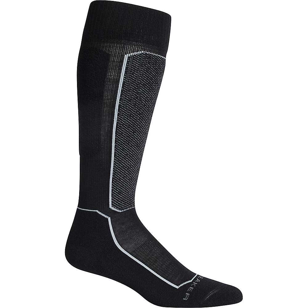 The Icebreaker Womens Ski+ Light Over The Calf Sock is a single black ski sock with light gray accents and a textured front and side pattern, shown against a white background.