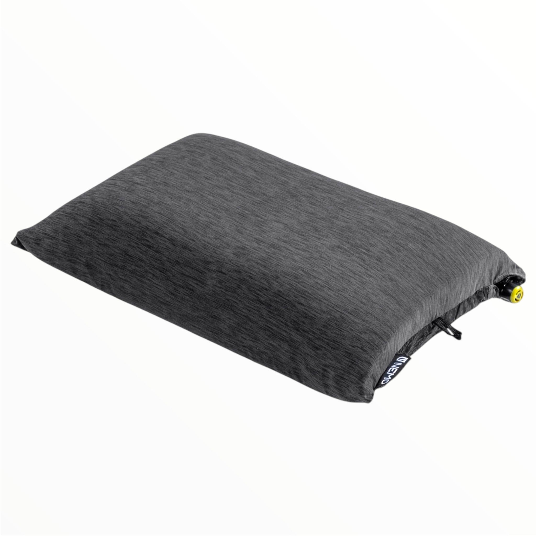 The Nemo Fillo Pillow is a dark gray rectangular inflatable camping pillow with a soft fabric cover and a small inflation valve on one side, shown against a white background.