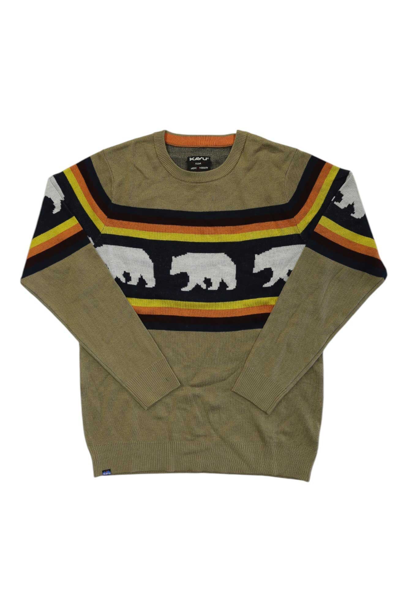 The Kavu Men's Highline Sweater is a tan crewneck outdoor sweater with horizontal black, red, and yellow stripes plus white bear silhouettes in a birdseye jacquard knit design.