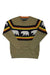 The Kavu Men's Highline Sweater is a tan crewneck outdoor sweater with horizontal black, red, and yellow stripes plus white bear silhouettes in a birdseye jacquard knit design.