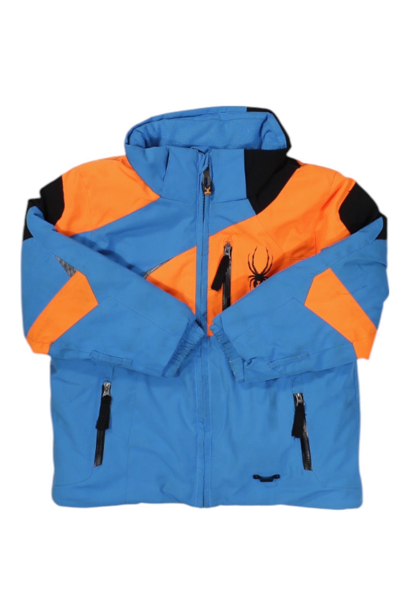 The Spyder Kids Full Zip Insulated Jacket is a blue winter coat with orange and black accents, a hood, front zipper, two zip pockets, water-repellent fabric, synthetic insulation, and a spider logo on the left chest.
