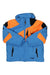 The Spyder Kids Full Zip Insulated Jacket is a blue winter coat with orange and black accents, a hood, front zipper, two zip pockets, water-repellent fabric, synthetic insulation, and a spider logo on the left chest.