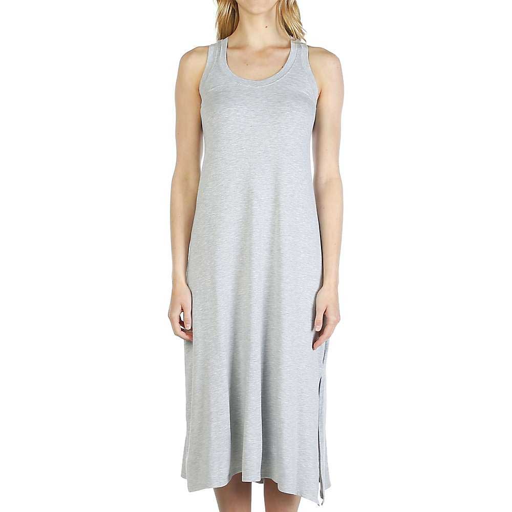A person wearing the Moosejaw Womens Lakeside Maxi Dress, a sleeveless light gray bamboo blend with a round neckline, stands against a plain white background.