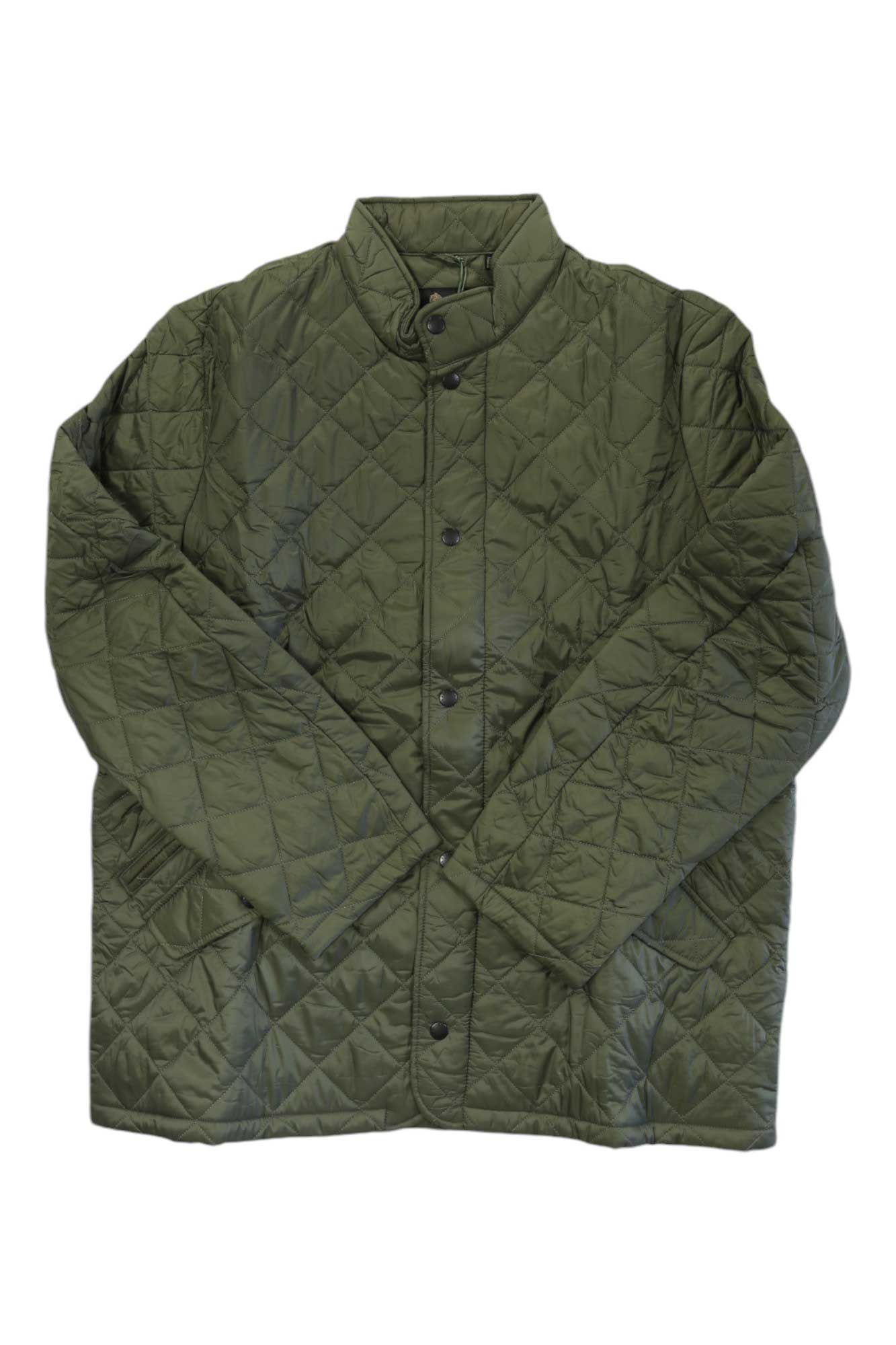 Men's dusty olive quilted Chelsea jacket with stand collar and full button-front