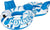 Inflatable lounge float with blue handles and Connelly graphics, white and blue