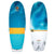 The Connelly Baja Wakesurf Board is shown from two angles, displaying its blue and white design with an orange stripe, abstract wave patterns, top front brand logo, visible fins and label on the back, and an EPS foam core.