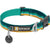 Ruffwear Crag collar with teal-green striped webbing, buckle, D-ring, tag