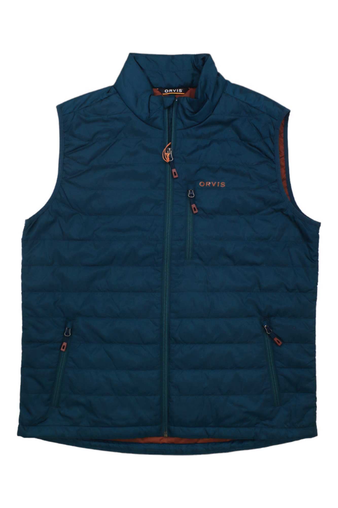 The Orvis Men's Recycled Drift Vest is a blue, eco-friendly insulated vest made from recycled polyester, featuring a high collar, quilted pattern, front zipper, two zippered side pockets, and the Orvis logo on the left chest.