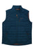 The Orvis Men's Recycled Drift Vest is a blue, eco-friendly insulated vest made from recycled polyester, featuring a high collar, quilted pattern, front zipper, two zippered side pockets, and the Orvis logo on the left chest.