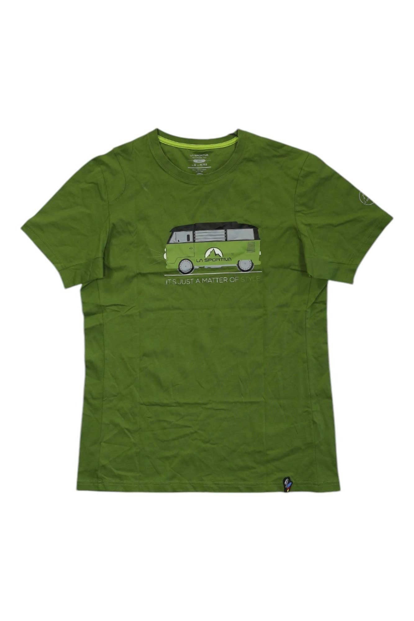 The La Sportiva Mens Van T-Shirt is a green outdoor shirt with a van and mountains graphic and the text "ITS JUST A MATTER OF" below, shown laid flat on a white background.