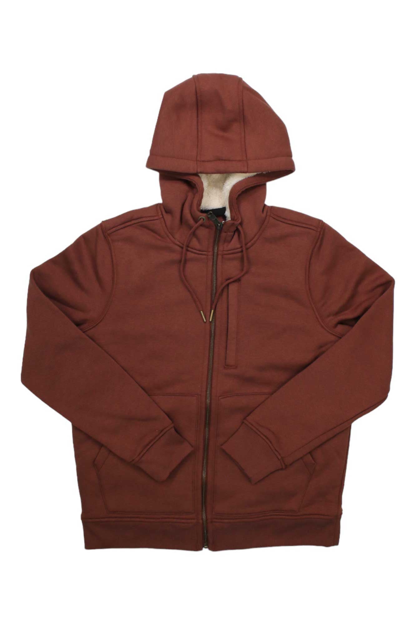 The Carhartt Womens Relaxed Fit Midweight Sherpa Lined Full Zip Sweatshirt in rust, with a hood and long sleeves, is laid flat on a white background.