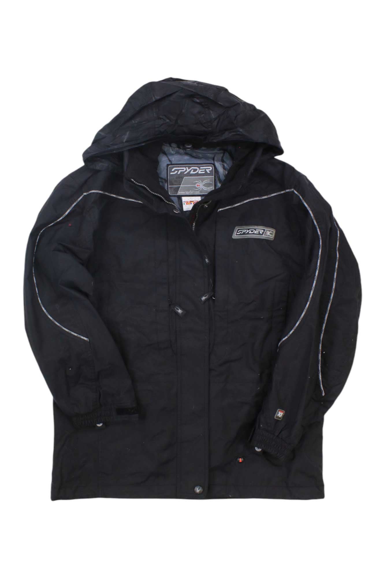 The Womens Spyder Ski Jacket in black features a hood, front zipper, snap buttons, white sleeve piping, and a Spyder logo patch on the chest for stylish warmth.