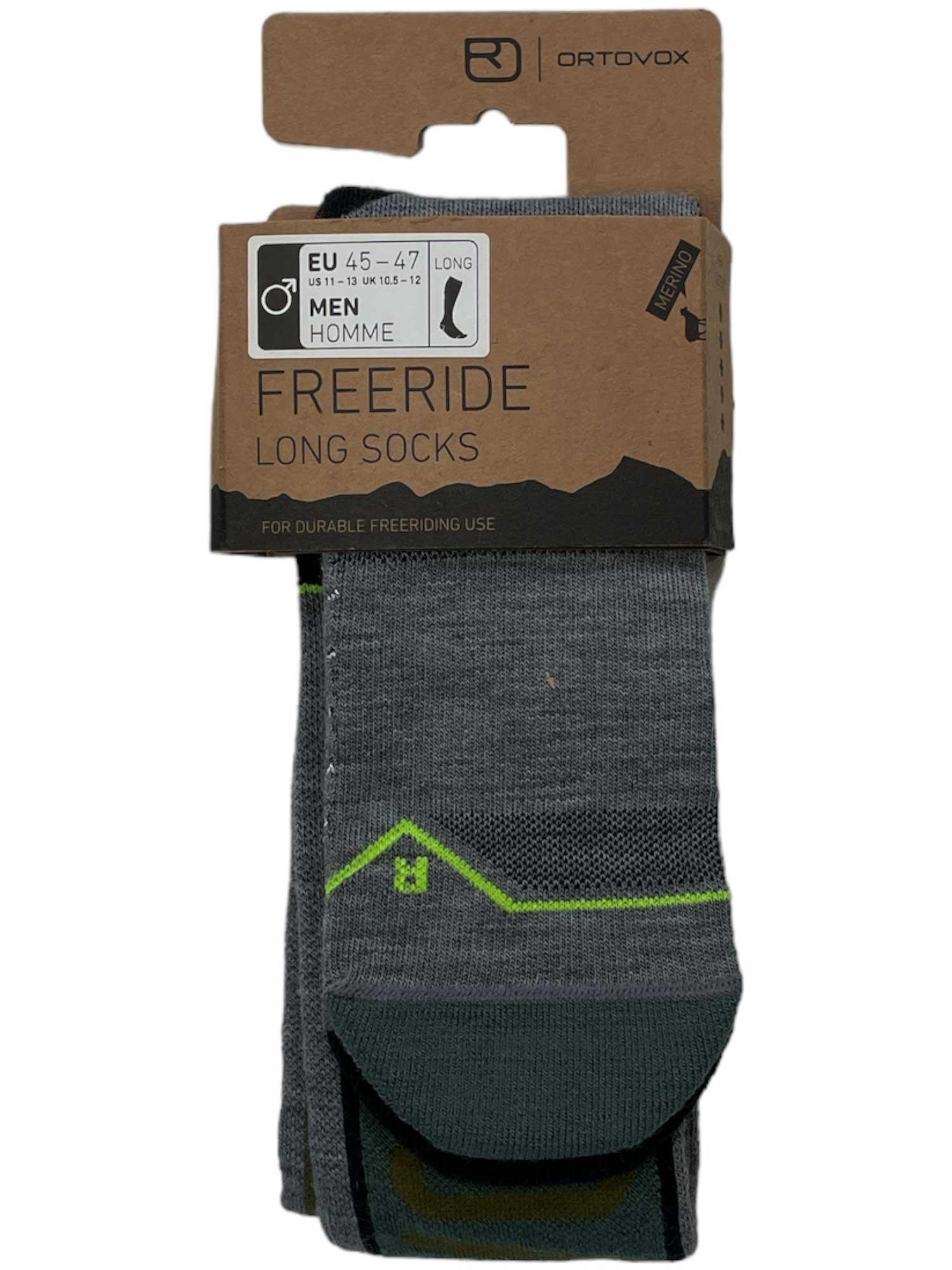 Men's freeride long socks, arctic grey with neon-green chevron and dark green heel/toe
